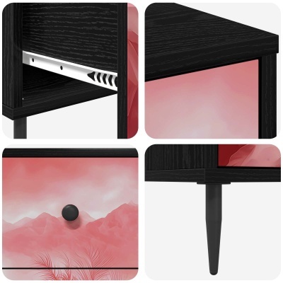 Móvel preto com gaveta rosa pintada e pernas pretas
