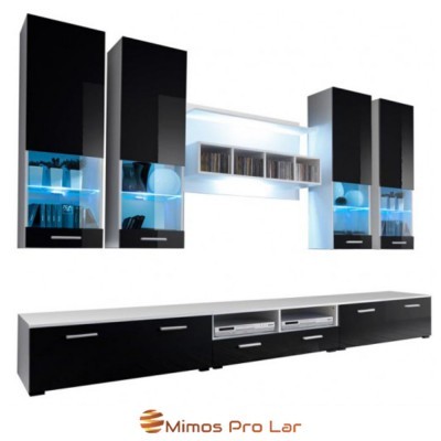 Mobiliário modular preto com iluminação azul para sala de estar