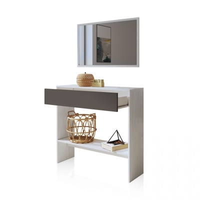 Móvel de entrada branco com gaveta cinza, espelho retangular e decoração em fundo branco.