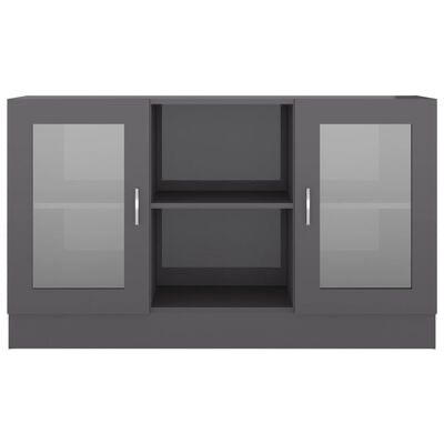 Consola cinzenta com duas portas de vidro e prateleiras centrais abertas