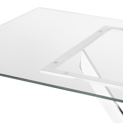 Tampo de mesa em vidro transparente com suporte metálico cromado