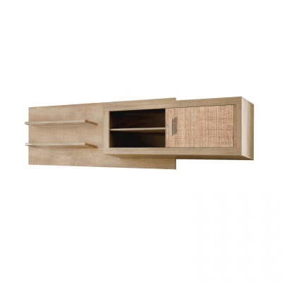 Móvel de parede de madeira clara com porta texturizada de rattan