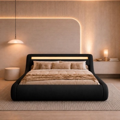 Cama preta estofada com iluminação e decoração minimalista em quarto moderno