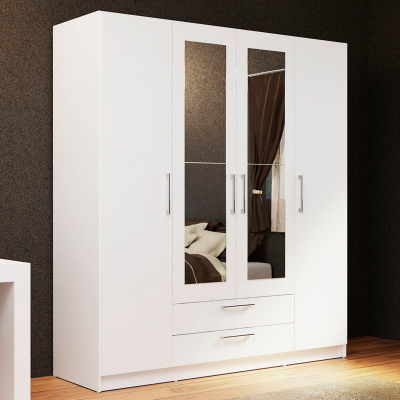 Roupeiro branco com portas espelhadas e gavetas, em ambiente interior com chão de madeira