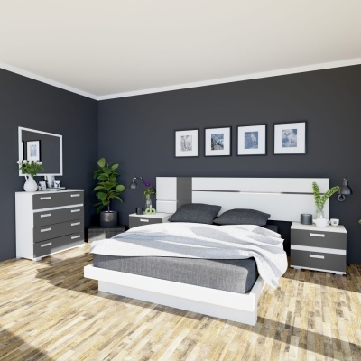 Quarto moderno com cama branca e cinza, mesas de cabeceira, cómoda, plantas e quadros na parede cinza