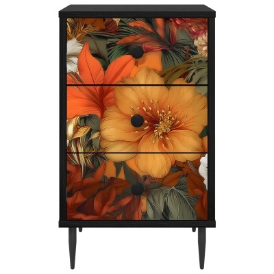 Cómoda preta com padrão floral em tons quentes nas gavetas