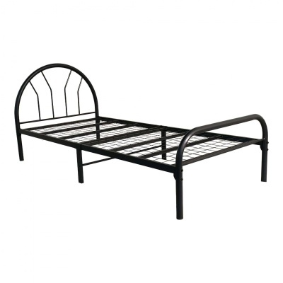Cama individual de metal preto com cabeceira e peseira arredondadas