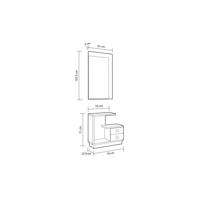 Desenho técnico de móvel de entrada com espelho e dimensões