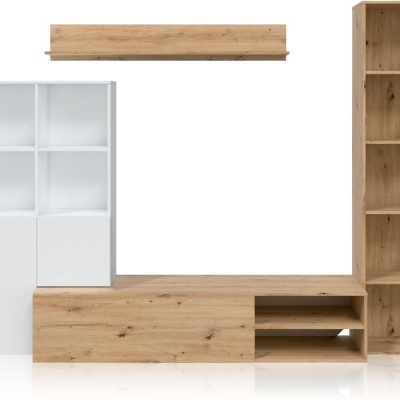 Conjunto de móveis modulares em madeira carvalho claro e branco para sala