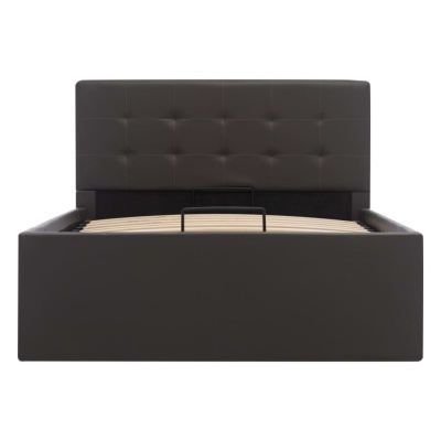 Cama de casal estofada castanha com cabeceira acolchoada e ripas de madeira