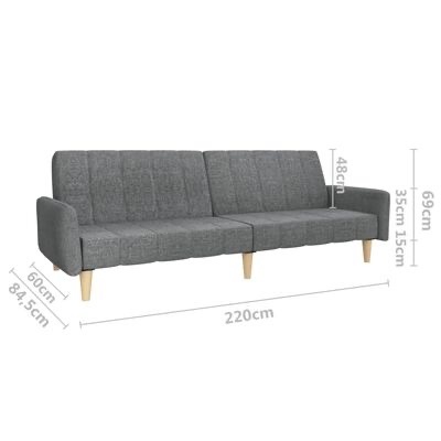sofá cinza em tecido com pernas de madeira e medidas indicadas
