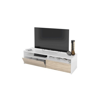 Móvel para televisão branco com gavetas em madeira clara e televisão preta
