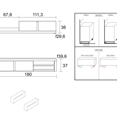 Desenho técnico de móvel com gavetas e prateleiras, dimensões em cm