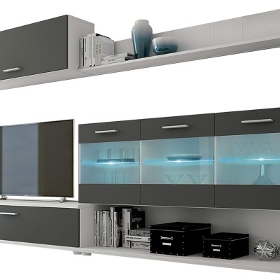 Conjunto de móveis modulares para sala, branco e cinza, com TV e decoração