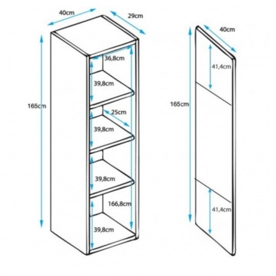 Desenho técnico de móvel alto com prateleiras e medidas em centímetros