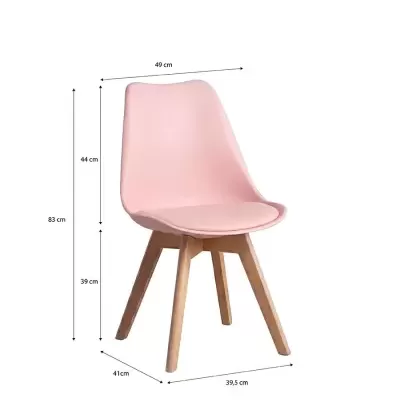 Cadeira rosa com pernas de madeira e medidas indicadas em fundo branco