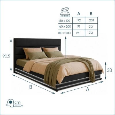 Cama estofada preta com cabeceira alta, roupagem bege e verde, com medidas em cm e tabela de tamanhos.
