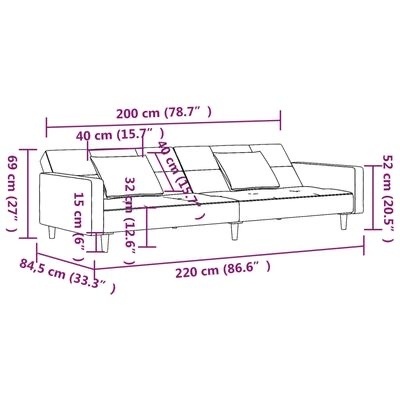 Desenho técnico de sofá com dimensões detalhadas em centímetros e polegadas.