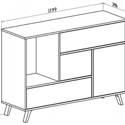 Desenho técnico de móvel de madeira com gavetas e compartimentos abertos, medidas indicadas.
