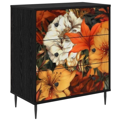 Cômoda preta com decoração floral colorida nas gavetas.