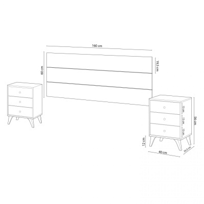 Desenho técnico de cabeceira branca e duas mesas de cabeceira com medidas