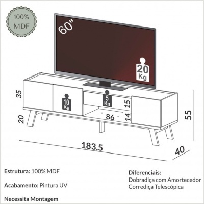 Móvel TV branco em MDF com três compartimentos e pés inclinados para TV até 60 polegadas.