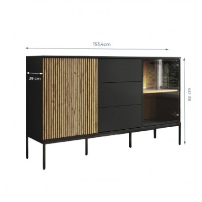 Móvel de arrumação em preto com porta de madeira e secção em vidro iluminada