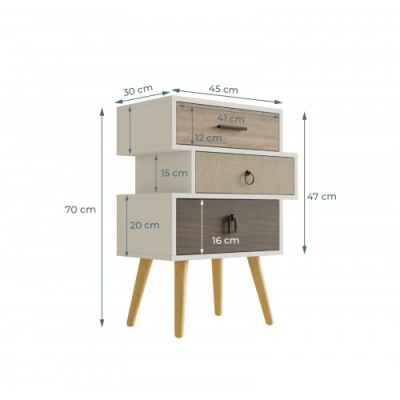Móvel com três gavetas em cores e texturas variadas com pernas de madeira clara e medidas em centímetros
