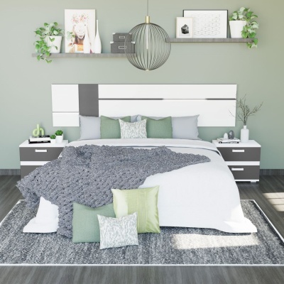 Quarto moderno com cama de casal e decoração em tons de cinza, branco e verde.