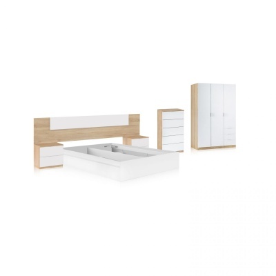 Conjunto de mobiliário de quarto branco e madeira clara com cama, cabeceira, cómoda e guarda-roupa