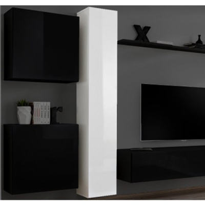 Móvel de sala moderno com armários pretos e branco e televisão