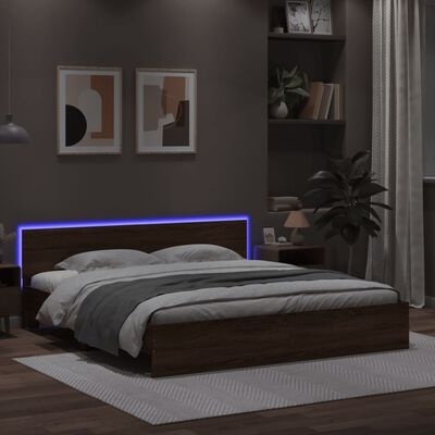 Cama de casal em madeira escura com cabeceira iluminada por luz LED azul num quarto moderno.