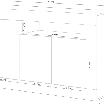 Desenho técnico de móvel branco com três portas e dimensões