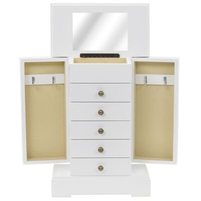 Armário organizador de madeira branca com gavetas e portas abertas