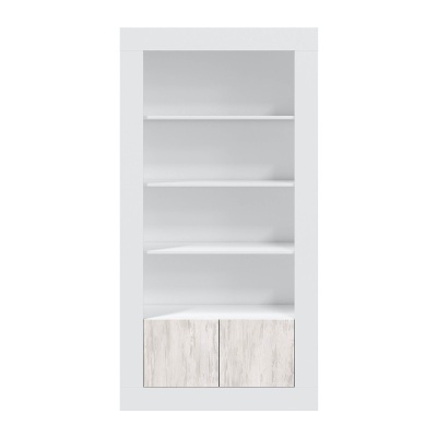 Estante branca com prateleiras abertas e portas inferiores em tom madeira clara