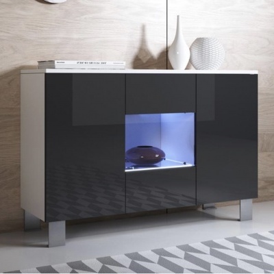 Móvel moderno branco e cinza com iluminação azul e objectos decorativos