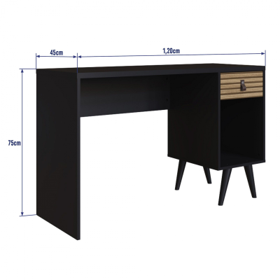 Escrivaninha preta com gaveta em madeira clara e quatro pernas inclinadas