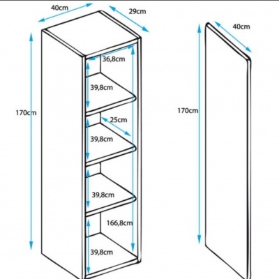 Desenho técnico de estante branca com dimensões e medidas em centímetros