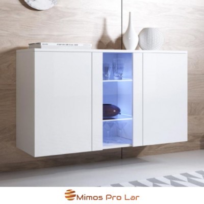 Móvel de parede branco com portas e iluminação azul interior