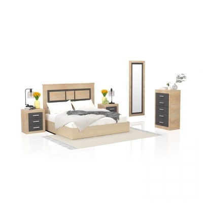 Conjunto de mobiliário de quarto em madeira clara com detalhes cinza e cama feita