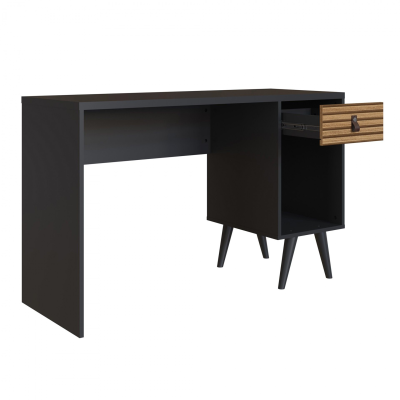 Secretária preta com gaveta de madeira clara e puxador em couro