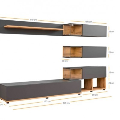 Conjunto de móveis suspensos cinza e madeira clara com dimensões em centímetros