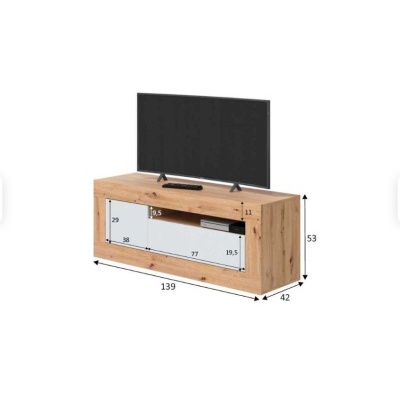 Móvel para TV de madeira carvalho claro com gaveta branca e prateleira aberta.