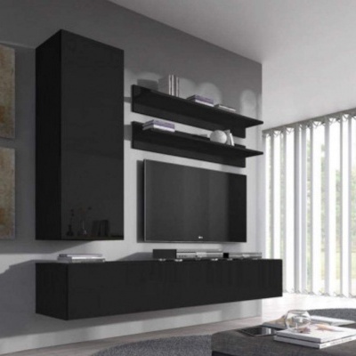 Móvel de sala de estar modular preto com televisão e prateleiras suspensas