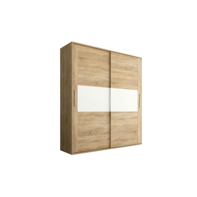 Armário de madeira castanho claro com painel branco e portas de correr