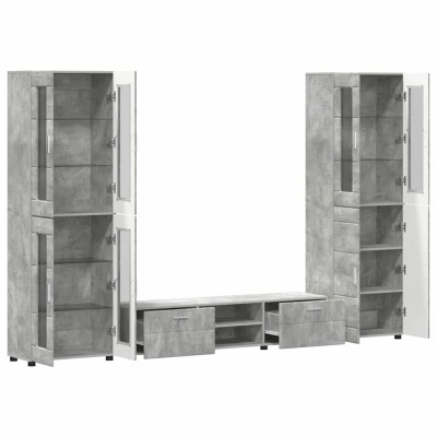 Conjunto de móveis cinzentos com portas de vidro e gavetas, portas abertas, mostrando prateleiras internas