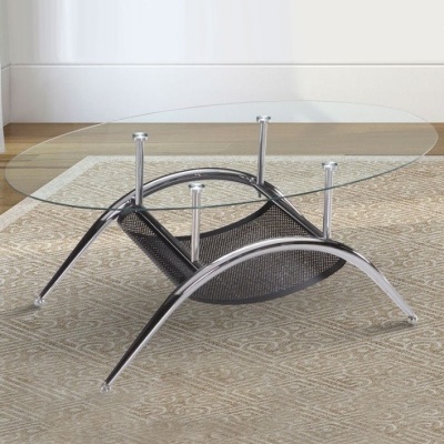 Mesa de centro oval com vidro e suporte metálico cromado