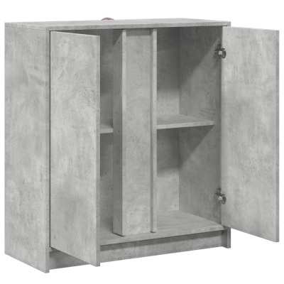 Móvel de arrumação cinza com três portas abertas e prateleiras internas