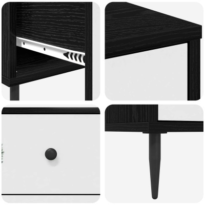 Detalhes de móvel preto e branco com tirador redondo e pernas pretas