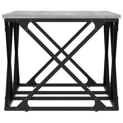 Mesa de apoio com tampo cinzento e estrutura preta metálica com design em cruz